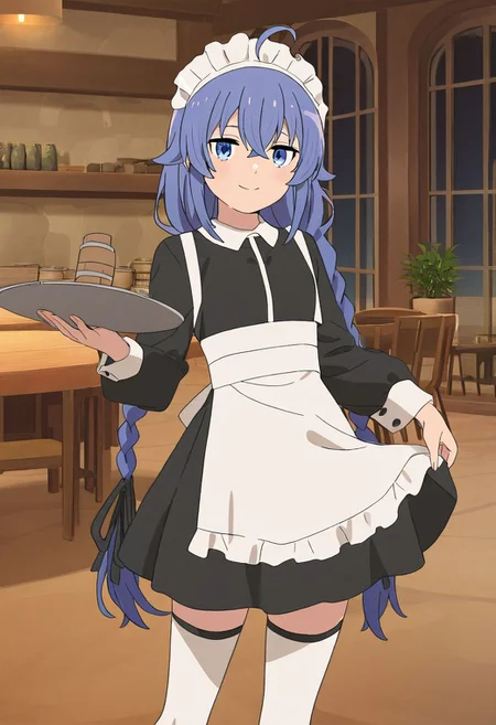 masterpiece, best quality, newest, absurdres, highres, detailed eyes, beautiful, detailed background, perfect eyes, anime coloring, 1girl, solo, roxy migurdia, blue hair, long hair, low twintails, hair between eyes, ahoge, blue eyes, waitress, white headband, maid headdress, black shirt, puffy long sleeves, black skirt, apron, white thighhighs, black mary janes, looking at viewer, smile, holding tray, (indoors, inn, restaurant, table, chair, barrel, jar, potted plant, window, upper body), <lora:roxy_mskt_xl:0.8>