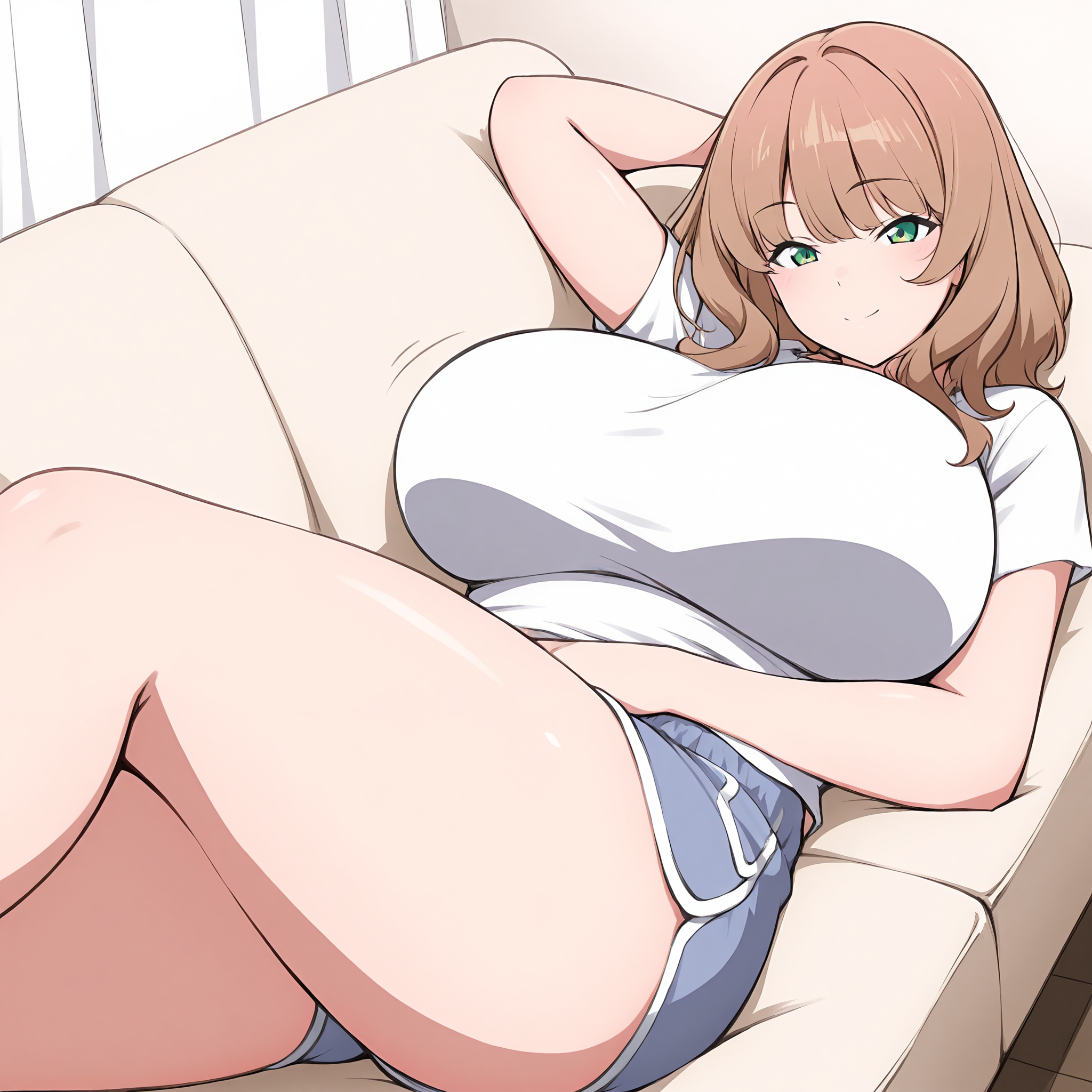 (masterpiece), best quality, (highly detailed), 1female, solo, <lora:Masakin_style_Illustrious:0.8>, sofa, relaxing, room, indoor, brown hair, green eyes, tshirt, shorts, huge breasts, smile,