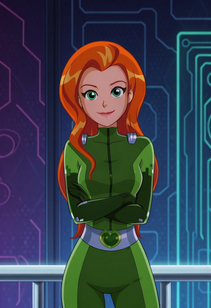 masterpiece, best quality, good quality, 1girl, solo, cartoon, totally_spies_2k24, sam, orange hair, green eyes, green bodysuit, sexy, medium breasts, beautiful, detailed, high detailed, very beautiful, detailed face, detailed eyes, detailed hand, abstract background, neon, smile, posing, standing, crossed arms, looking at viewer, face focus
