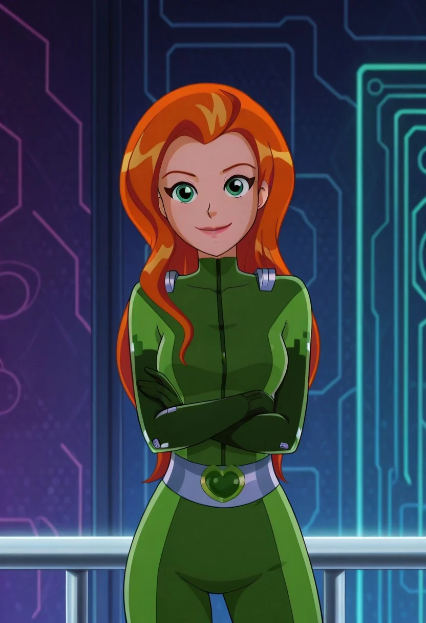 masterpiece, best quality, good quality, 1girl, solo, cartoon, totally_spies_2k24, sam, orange hair, green eyes, green bodysuit, sexy, medium breasts, beautiful, detailed, high detailed, very beautiful, detailed face, detailed eyes, detailed hand, abstract background, neon, smile, posing, standing, crossed arms, looking at viewer, face focus