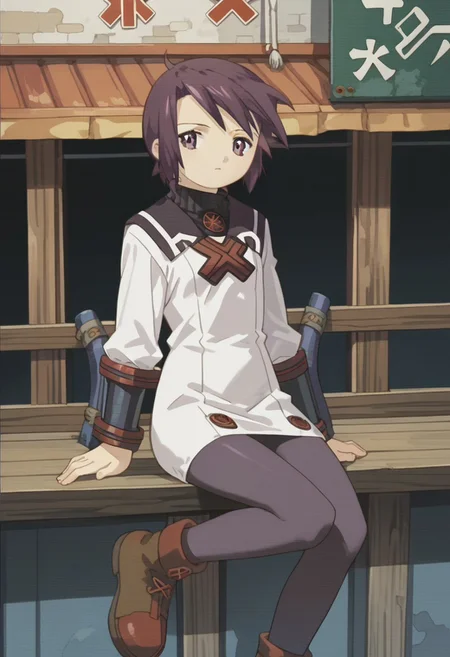 score_8, score_8_up, score_7_up, source_anime, anime screenshot, 1girl, female focus, solo, toris_SN2, purple hair, short hair, bangs, sidelocks, short hair with long locks, turtleneck, sailor collar, white dress, short dress, dress, long sleeves, bracers, pantyhose, purple pantyhose, ankle boots