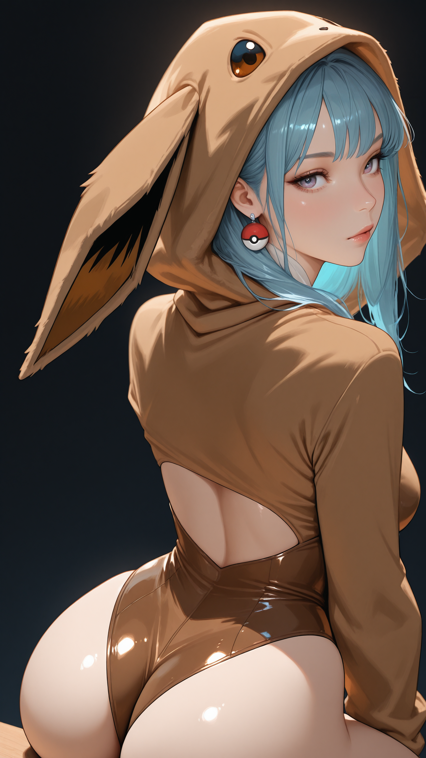 masterpiece, best quality, high resolution, very aesthetic, absurdres, newest, professional, high-quality, hyper-realistic, portrait of a woman, detailed eyes, realistic body, 
1gitl, milf, magenta eyes, looking at viewer, eyelashes, blue hair, very long bangs, disgraceful hair, hair fall into face, wild hair, step cut, saggy breasts, medium small breasts, pokeball earrings, 
wearing a Fluffeevkinij, brown hoodie, Eevee hood, ears, brown leotard, <lora:Fluffeevkinij:0.8>, 
sitting, legs to the side, hands between the thighs,
simple background, dark background, pastel blue details, vibrant colors, 
eye view, back view, perfect round ass,
moody, dynamic motion, blush