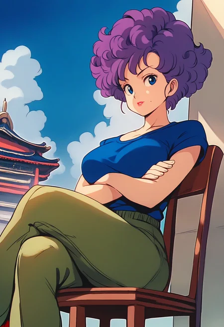 score_9, score_8_up, score_7_up, score_6_up, score_5_up, score_4_up, source_anime, <lora:DBExtraGirl04Ranfan:1>, DBExtraGirl04Ranfan, purple hair, curly hair, blue eyes, lipstick, mole under mouth, large breasts, eyelashes,
blue shirt, red footwear, green pants,
sitting, on chair, looking at viewer, crossed legs, crossed arms,
BREAK day, blue sky, sky, chinese building