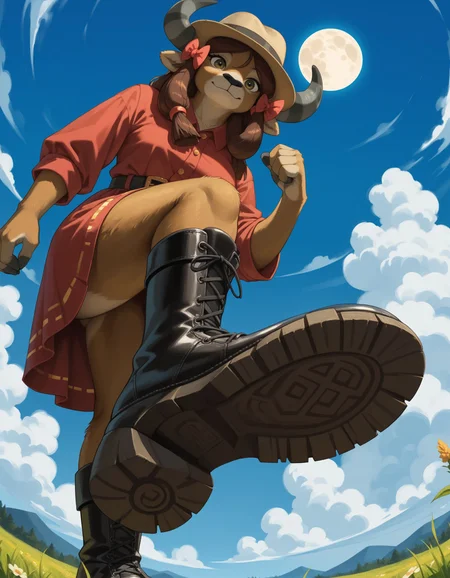 score_9, score_8_up, score_7_up, score_6_up, score_5_up, score_4_up, 1girl, furry, anthro, fascinating, (yak wearing fedora), with a radiant full moon illuminating the scene,, hud_v4nspose, boots, shoe soles, from below, sky, cloud, outdoors, perspective, <lora:vans:0.6> ,