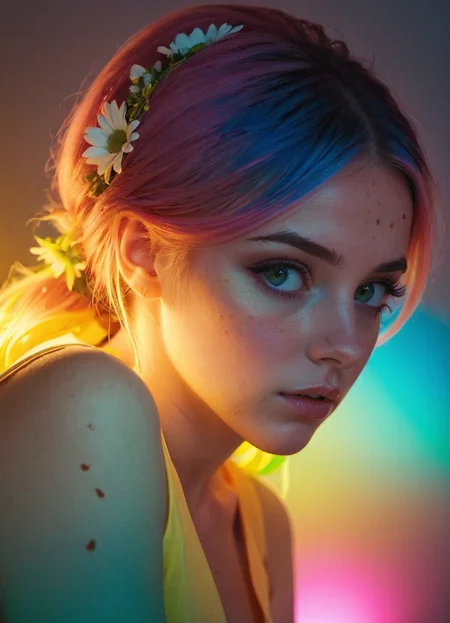 cinematic photo Ombre color scheme of neon pink, neon blue, neon yellow, neon green, neon orange, (semi-real) 32-year-old, middle-aged, woman in summer dress, flowers, anime artwork, grand photograph, Polaroid, annoyed girl, neon glowing hair, canon 5d mark 4, neon light, kodak ektar, feminate, curved lines, elaborate detail, subsurface scattering, ultra hd, 4k, high def, Photorealistic, Hyperrealistic, Hyper detailed, analog style, realistic, masterpiece, best quality, ultra realistic, 8k, Intricate, High Detail, film photography, soft lighting, heavy shadow <lora:sss:0.8> <lora:add-detail-xl:1> <lora:Cosine_freck:0.33> Freckles, Natural skin <lora:sdxl:0.35> , 35mm photograph, film, bokeh, professional, 4k, highly detailed