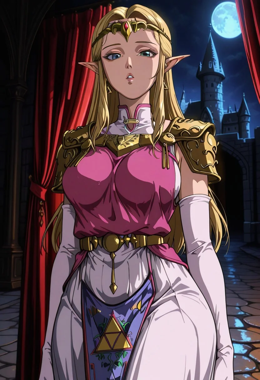 masterpiece, best quality, aesthetic, flat_colors, retro_artstyle, dark_art_style, erotic portrait, shiny skin, cel shading, detailed eyes, detailed skin, detailed linework, absurdres, dramatic lighting, eroticism, cute virginal 1girl, blonde hair, long hair, sidelocks, blue eyes, pointy ears, gold tiara, earrings, gold armor, shoulder armor, long dress, white dress, magenta tunic, sleeveless tunic, tabard, elbow gloves, white gloves, large breasts, wide hips, portrait, parted lips, looking at viewer, indoors, night time, rim lighting, moon lit, red velvet curtains, cobblestone, castle, royalty,