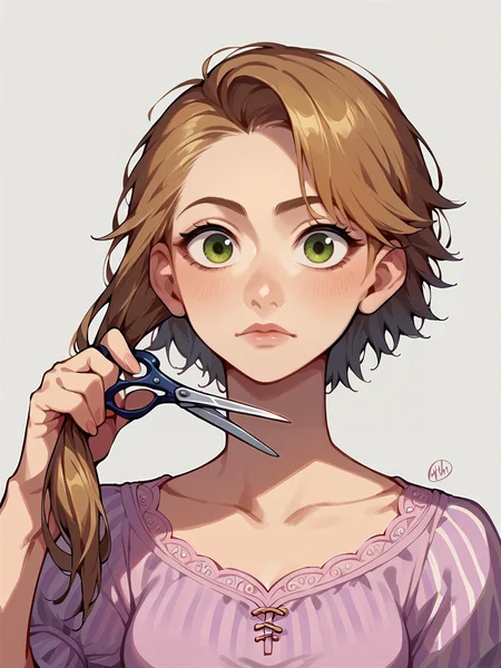 score_9, score_8_up, score_7_up, score_6_up,   <lora:cuth41r2:1> cutting hair, cuth41r, haircut, cut off hair, cutting hair, holding hair, holding scissors, 1girl, Rapunzel