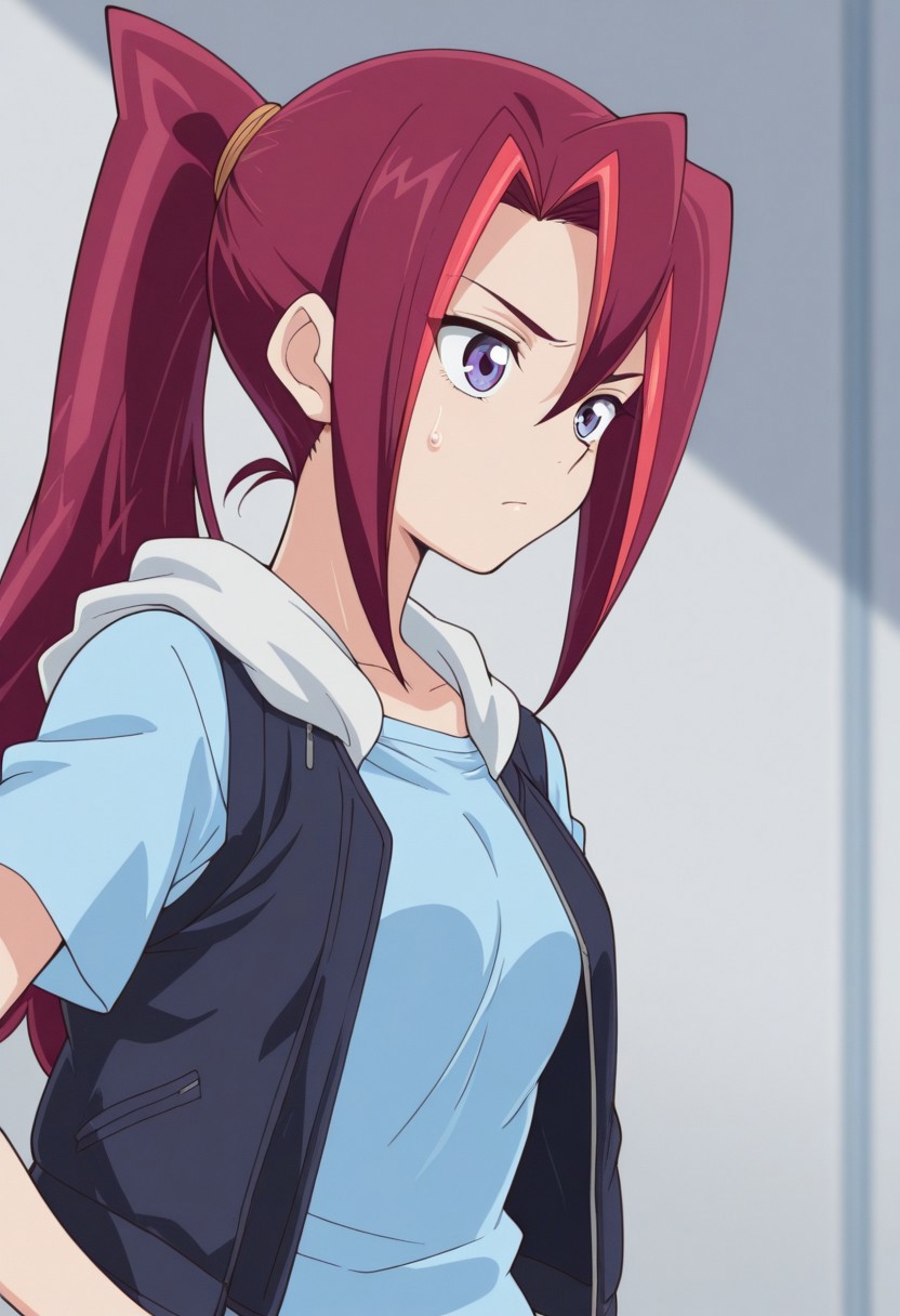 masterpiece,best quality,amazing quality, source_anime, 
KariTsukumo, 1girl, solo, purple eyes, red hair, long hair, ponytail, multicolored hair, shirt, blue shirt, short sleeves, jacket, hood, sleeveless jacket,