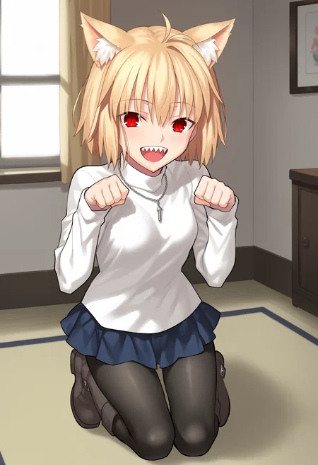 arcdefault, 1girl, solo, turtleneck sweater, necklace, skirt, pantyhose, red eyes, indoors, kneeling, paw pose, boots, animal ears, open mouth, sharp teeth, looking at viewer