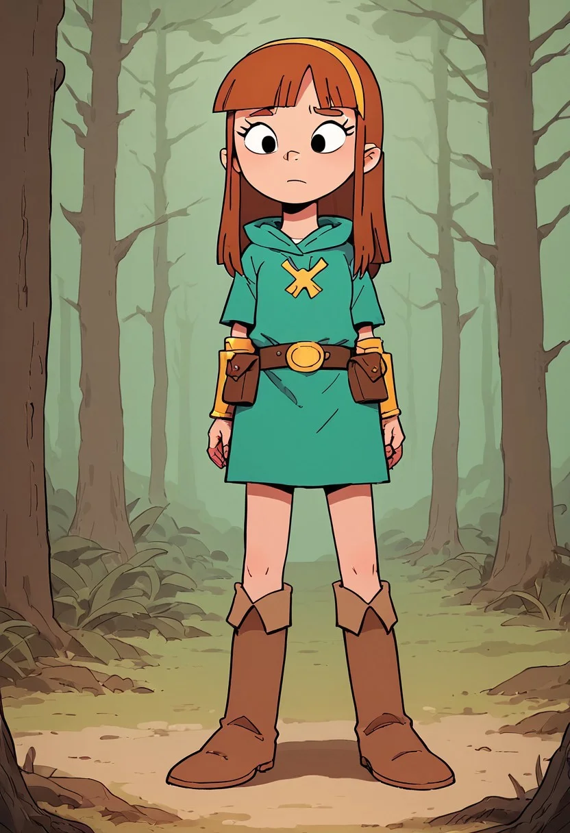 score_9, score_8_up, score_7_up, score_6_up, BREAK, 1girl, solo, AmyAnderson, brown hair, blunt bangs, long hair, black eyes, dnd cosplay, leather armour, green cloak, bow, quiver of arrows, gold circlet around forehead, high leather boots, belt, pouch, cowboy shot, forest,  <lora:Amy_Anderson_PXL_Leaf3:1>, arms at sides,