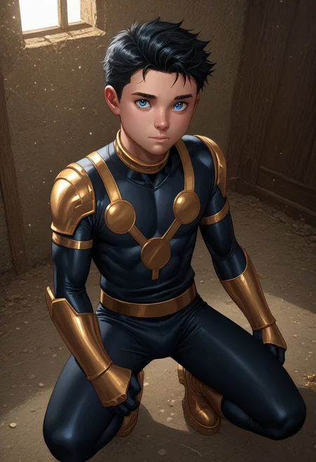score_9, score_8_up, score_7_up, highly detailed, cute boy, 1boy, solo, young, Sam Alexander, Black Hair, Blue Eyes, Black Bodysuit, Gold Pauldrons, Gold Bracers, Gold Belt, Gold Boots,