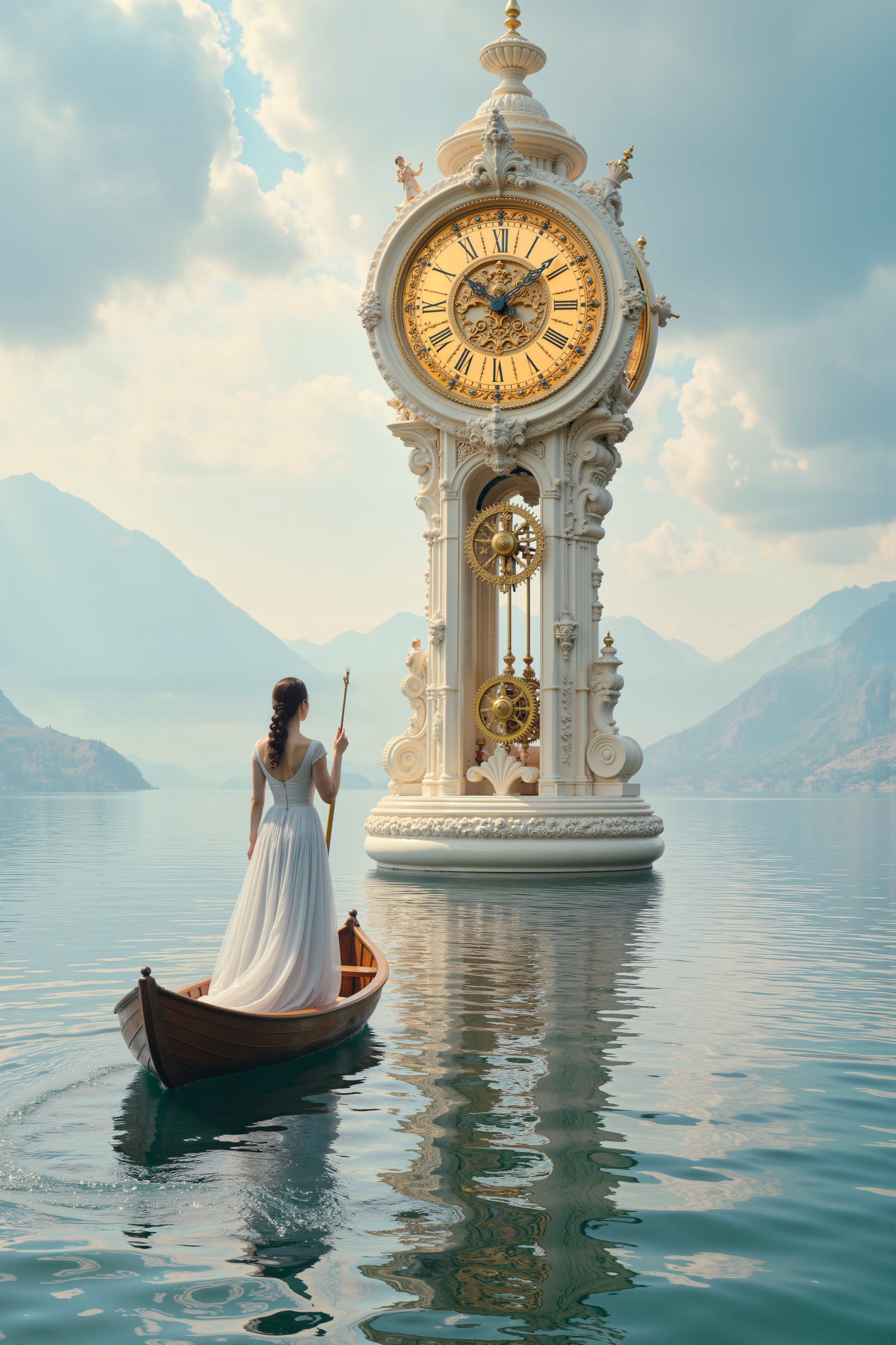 a towering clock made of polished ivory and bronze gears stands in the middle of a vast, glowing lake. A woman dressed in a flowing gown of silver thread paddles a small wooden boat toward the clock, her hand outstretched toward its golden, glowing hands as they slowly turn. The lakeâs surface shimmers with soft, pastel reflections from a sky filled with swirling, iridescent clouds. The clockâs intricate, mechanical details contrast with the smooth, glassy water and the soft folds of the womanâs gown, creating a tactile sense of depth and texture. The boat leaves a trail of gentle ripples behind, and distant mountains loom in the soft haze of the background. A subtle vignette centers on the womanâs yearning gesture, emphasizing the surreal and dreamlike atmosphere of this timeless moment.<lora:aidmaMJ6.1-FLUX-V0.1:0.6><lora:Movie_Portrait><lora:Flux DetailerV2>
