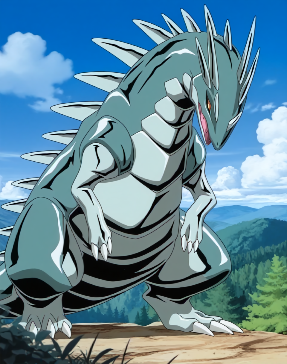 <lora:Metallisaur_(Shinzo)_(Illustrious)_(AD):1.35> Metallisaur, monster, Shinzo, 
exterior, vivid anime blue sky with detailed clouds, forest, 
dynamic action, monster, wide upper body, tail, thick thighs, thick body, male focus, ridged front body, ridged stomach, ridged chest, ridged neck, made of metal, short legs, end boss, unstoppable, strong, glossy metal body, rawr, 
BREAK: very awe, aesthetically pleasing, masterpiece, best quality, amazing quality, very aesthetic, perfect depth of field shot, 
masterpiece, best quality, amazing quality, very aesthetic, high resolution, ultra-detailed, absurdres, newest, scenery, {Prompt}, BREAK, detailed background, detailed hair, depth of field, volumetric lighting, 
BREAK: lazympos, lazypos (3),
