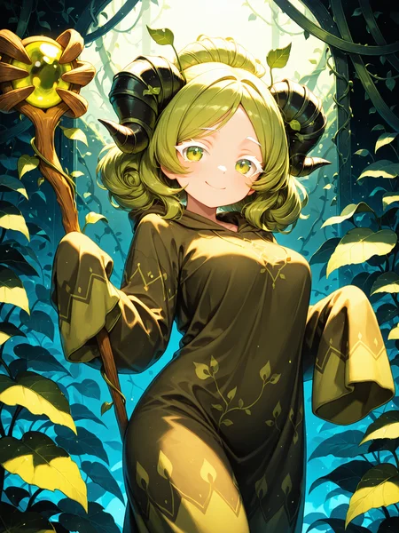 <lora:MatchaXL:1> MCCRO, 1girl, long sleeves, horns, medium hair, robe, smile, holding, sleeves past wrists, staff, sleeves past fingers, holding staff, hair bun, white eyelashes, breasts, green eyes, green hair, 
gradient background, vines background, vines, cowboy shot, simple background, dark background, 
<lora:spo_sdxl_10ep_4k-data_lora_webui:0.5><lora:cfg_scale_boost:0.9> volumetric lighting, masterpiece, best quality, amazing quality, very aesthetic, absurdres, newest, soft lighting, dim lighting