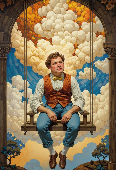 (masterpiece, best quality, high-res, ultra detailed:1.25), Soft impasto painting by (Maxfield Parrish:1.36) Portrait of a 34yo Man:Humpty Dumpty:0.25, sitting on a Suspended swing, face in contemplative repose, empty hands on armrests, legs overhanging, symmetry, layering of pigments and glazes, colorful and luminous, resembling the surface of a ((stained glass)) window
