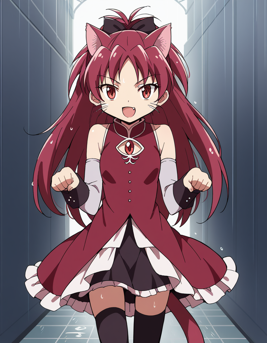 score_9, score_8_up, score_7_up, source_anime, <lora:kyouko-sakura-s1-ponyxl-lora-nochekaiser:1>, kyouko sakura, long hair, red eyes, ponytail, hair bow, red hair,, thighhighs, bare shoulders, detached sleeves, black thighhighs, magical girl,, rainy day, umbrella, walking home, puddles, wet hair, smile, <lora:paw-pose-ponyxl-lora-nochekaiser:1>, paw pose, cat ears, cat tail, animal ears, tail, cat girl, open mouth, fang, whiskers,, looking at viewer, solo,, dutch angle, cowboy shot