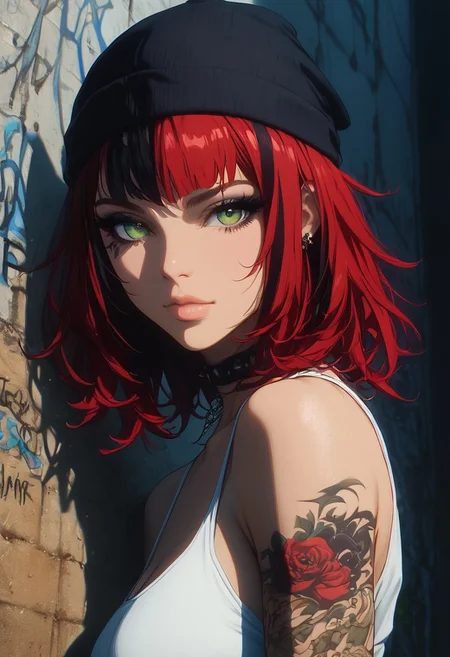 score_9,score_8_up,score_7_up,score_6_up,score_5_up,score_4_up, digital art, female portrait, semi-realistic, GLSHS, high-resolution, 1girl, 21 years old, solo,
detailed, sexy pose,
partially covered in shadow, wall, graffiti on wall, standing in front of wall, leaning, night, red hair. streaked hair, black streaks, close-up, face closeup, wearing a tank top, cargo pants, beanie pendant, pretty girl with medium hair, tattoos, green eyes, makeup, looking at viewer, face focus,