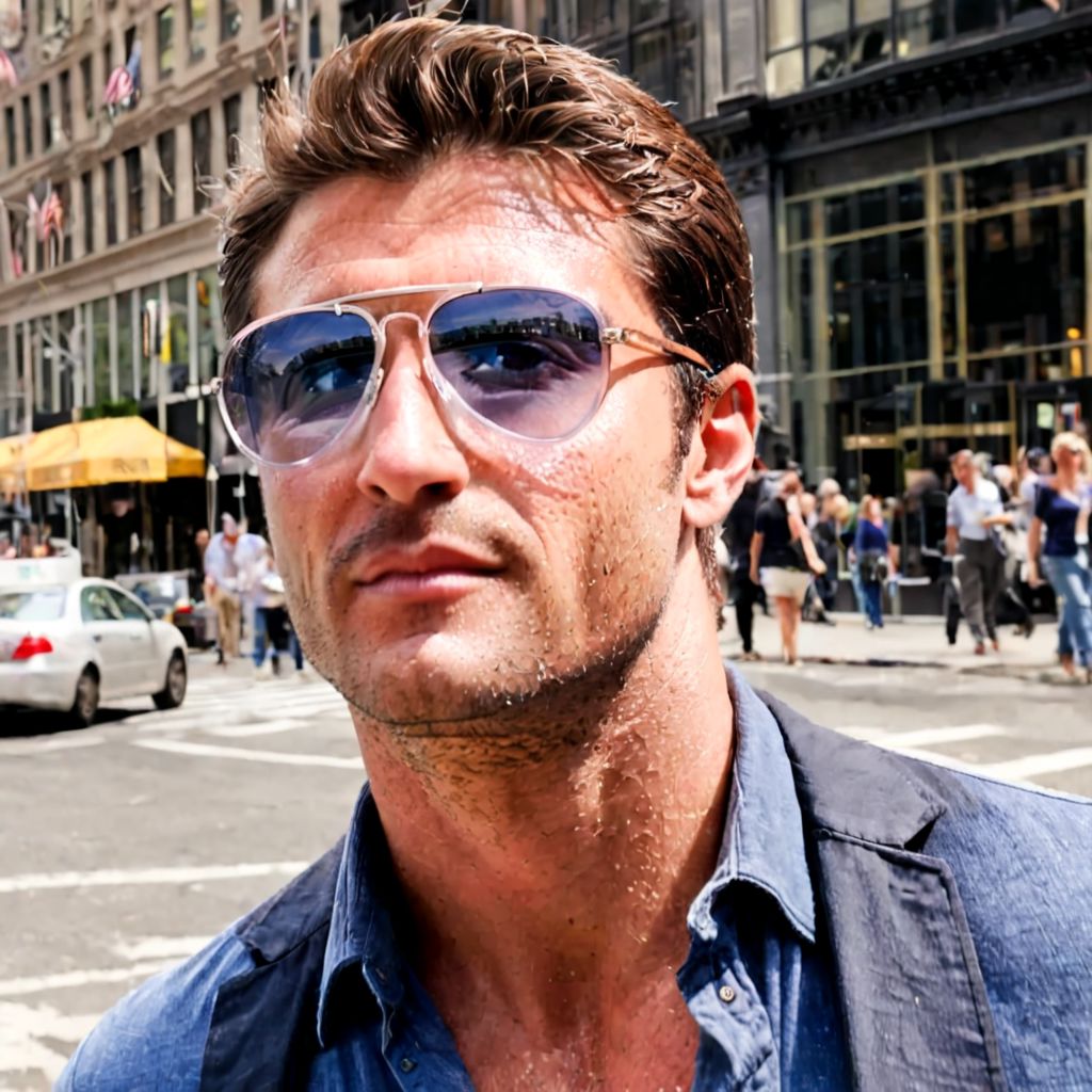 avigl45535, transparent sunglasses, handsome, man, sunny, brunette, charming, nyc, wallstreet, cinemagraph, cowboy shot