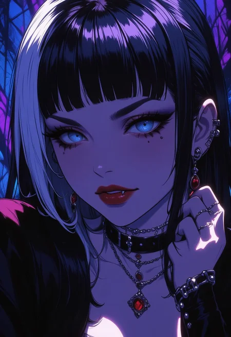 (8k resolution, absolute masterpiece, ultra detailed, best quality, masterpiece, colorful, highest detailed), (intricate details), (dynamic angle), Stunning illustration of Japanese goth woman, vampire, long black hair with a white streak, two-tone hair, bangs, earrings and elaborate necklaces, egyptian eyeliner, red lips, fangs, direct sensual gaze, erotic, sexy, silhouetted in moonlight, detailed blue eyes
