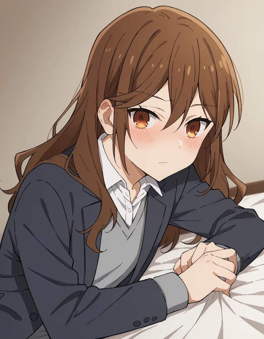 score_9, score_8_up, score_7_up, source_anime,
kyoukohori, <lora:kyouko-hori-s2-ponyxl-lora-nochekaiser:1>,
kyouko hori, long hair, bangs, brown hair, hair between eyes, brown eyes,
shirt, school uniform, jacket, collared shirt, blazer, sweater, grey sweater, white shirt, black blazer, skirt, black skirt,
indoors, bed, bed room, on side, blush, drunk,
cowboy shot, looking at viewer, solo, dutch angle,