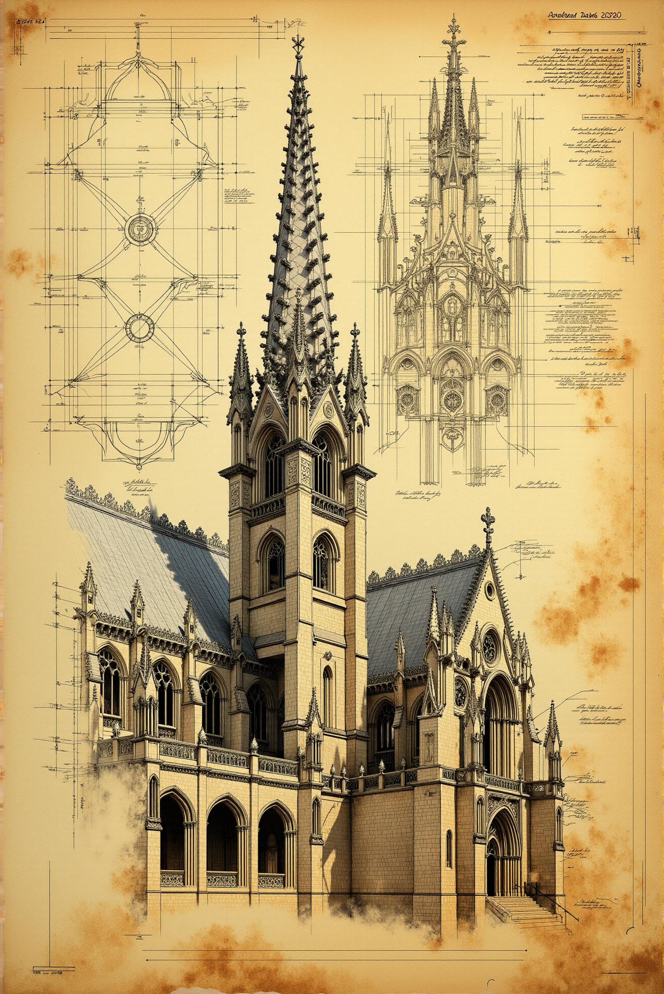 <lora:Vintage_sketch_style_v.1:0.8> VintageSketch style. A meticulously detailed architectural sketch on aged parchment unveils a grand Gothic cathedral, its soaring arches and ornate spires reaching toward an unseen sky. The structure, rendered in fine ink lines with subtle shading, embodies a fusion of precision and artistic expression, resembling a Renaissance-era blueprint infused with a dreamlike, almost ethereal quality. The cathedralâs faÃ§ade is adorned with intricate rose windows, pointed archways, and delicate tracery, reflecting the craftsmanship of medieval stonemasons. Towering buttresses support the weight of its immense stone walls, while sculptural reliefs and statues nestle within recessed niches, evoking the grandeur of sacred European landmarks. The background consists of intersecting construction lines, geometric annotations, and faded ink splatters, lending an unfinished, visionary aspect to the composition, as though the cathedral exists in the liminal space between conception and reality. The sepia-toned paper, weathered with visible stains, cracks, and timeworn textures, enhances the illusion of an ancient document discovered within the archives of a forgotten master builder.  The drawing style harmonizes the meticulous precision of classical architectural drafting with the expressive fluidity of hand-sketched artistry, reminiscent of Leonardo da Vinciâs engineering studies or Piranesiâs visionary etchings. Soft ink washes and diffused shading subtly emerge from the rigid lines, adding depth and a sense of atmospheric perspective. This composition captures not just the physicality of the cathedral but also the grand ambition of human creativity striving toward divine heights, embodying the timeless pursuit of architectural perfection.