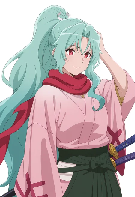 Smooth Quality,masterpiece, ultra realistic,
simple background, white background,
front view,;3,Hand on own head,
<lora:Tomoecnn:0.8> sofia/cnn, 1girl, long hair, scarf, ponytail, red eyes, japanese clothes, katana, green hair, very long hair,