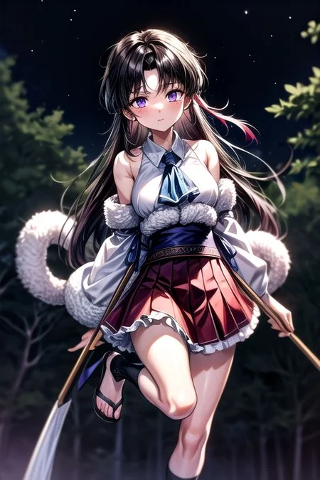 masterpiece, best quality 1girl Setsun4 solo long hair, (night time) forest background black hair very long hair purple eyes multicolored hair armor (fur trim) (medium body),<lora:EMS-179-EMS:0.800000>,<lora:EMS-293862-EMS:0.800000>ascot, bare shoulders, black footwear, detached sleeves, embellished costume, frills, japanese clothes, nontraditional miko, red skirt, sandals, sarashi, skirt, socks, armor, miko