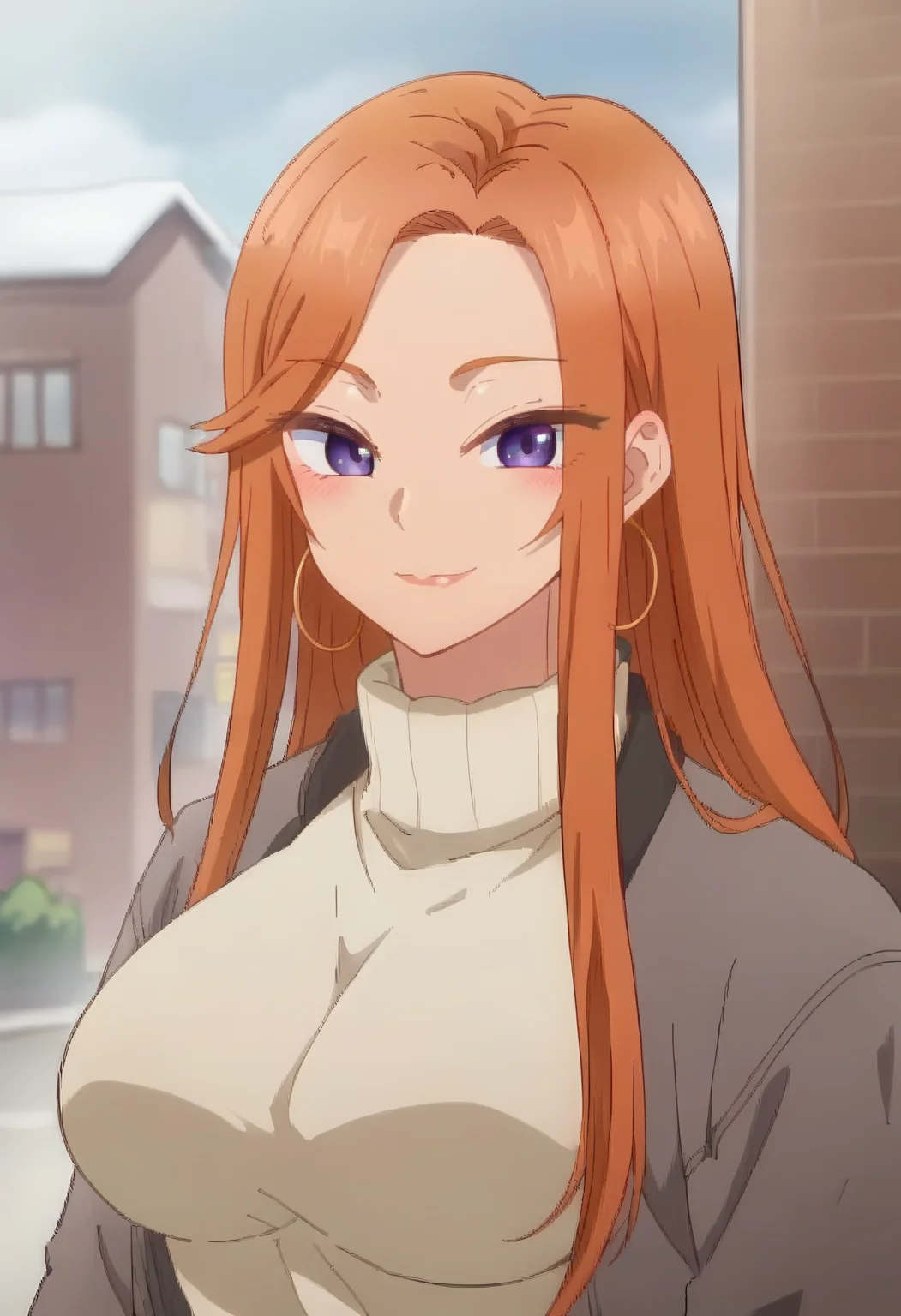 <lora:Fuyuki Mai:0.9> mai fuyuki, long_hair, purple_eyes, orange_hair, 1girl, , solo, smile, blush, large breasts , jewelry, hoop_earrings, , sweater, turtleneck, upper body, looking at viewer,, score_9, score_8_up, score_7_up, score_6_up, score_5_up, score_4_up , anime coloring ,BREAK source_anime, anime