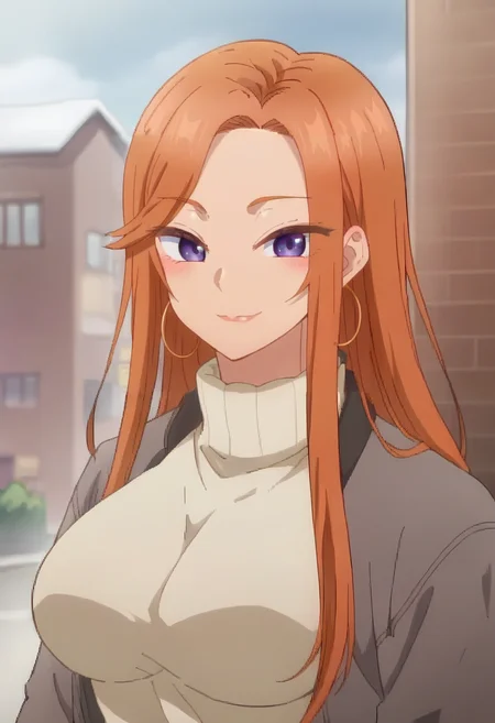 <lora:Fuyuki Mai:0.9> mai fuyuki, long_hair, purple_eyes, orange_hair, 1girl, , solo, smile, blush, large breasts , jewelry, hoop_earrings, , sweater, turtleneck, upper body, looking at viewer,, score_9, score_8_up, score_7_up, score_6_up, score_5_up, score_4_up , anime coloring ,BREAK source_anime, anime