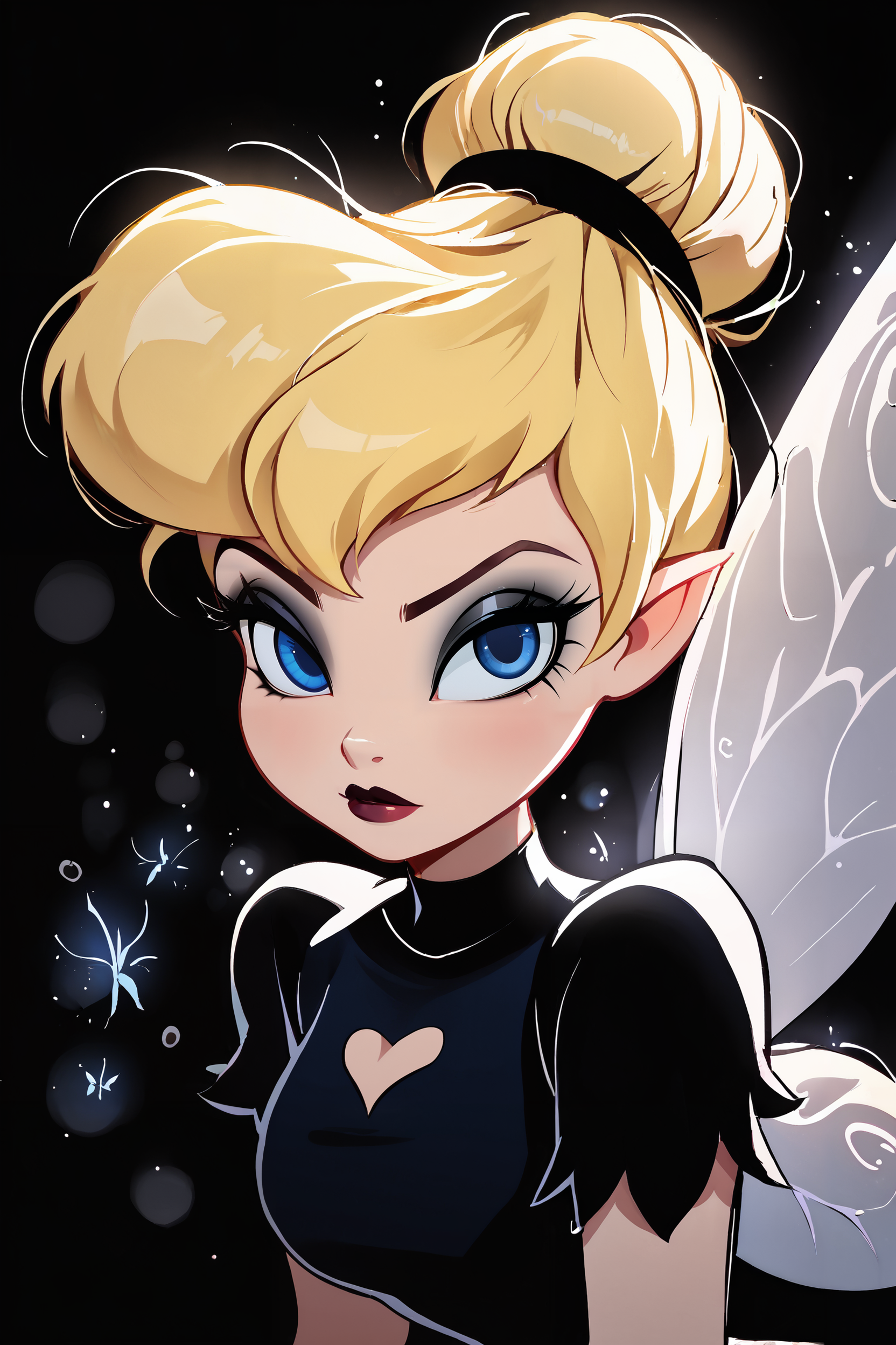 <lora:KuroCAT_Style:1>,  high resolution, highly detailed, perfect lighting, beautiful detailed eyes,   upper body, black background, 1girl, solo, looking at viewer,   TinkerWaifu, magic particles, leaning forward, medium breasts, narrow waist, fairy wings, blonde hair, blue eyes, goth, black dress, eye shadow, sexy, hair bun, disney style, looking at viewer, <lora:tinkerbellPonyXL_character-10:0.8>