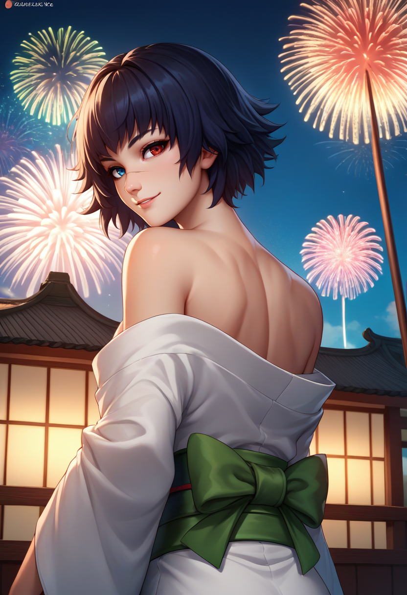score_9, score_8_up, score_7_up, source_anime, from behind, solo, 1girl, dmc3lady, scar on nose, slight smile, looking back, heterochromia, red eyes, blue eyes, white kimono, off shoulder, green sash, bare shoulders, fireworks <lora:dmc3_lady_ponyXL:1>