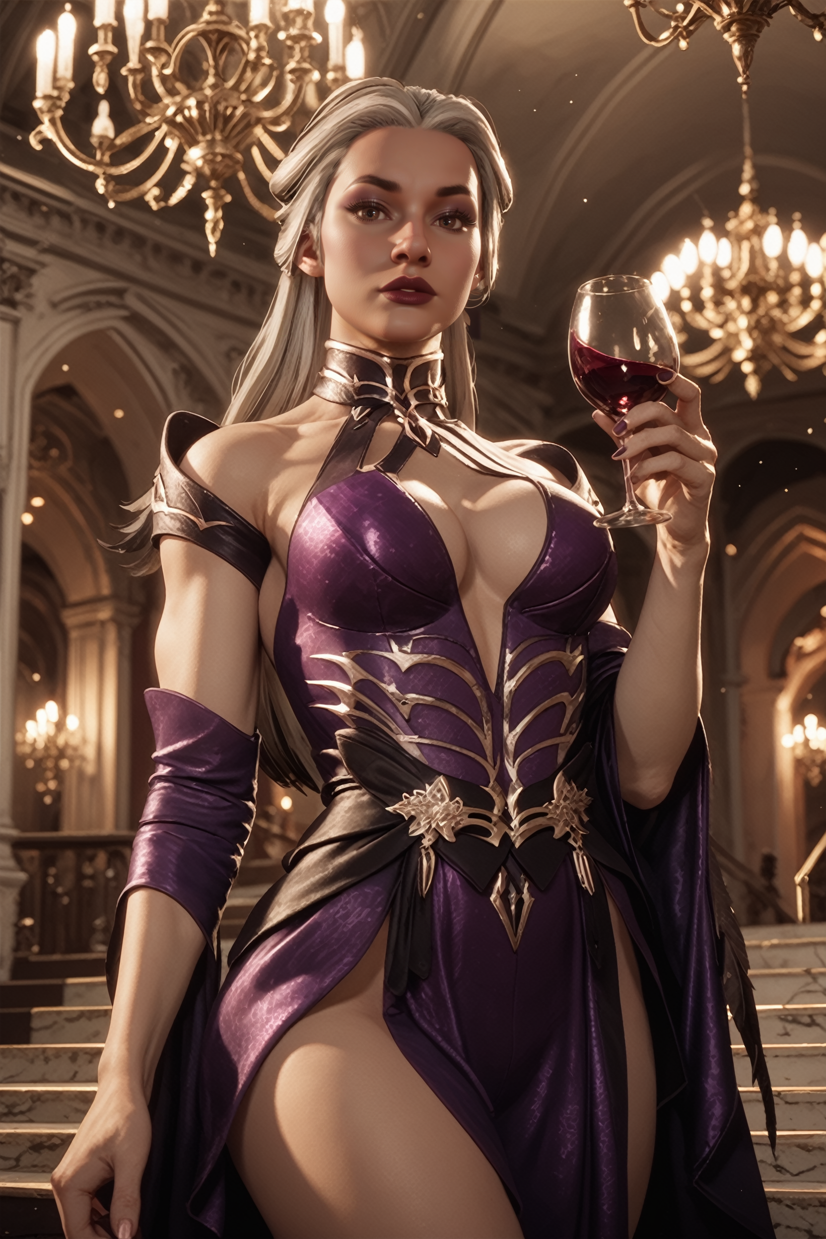score_9, score_8_up, score_7_up, score_6_up
<lora:MKSindel:0.8>
MKSindel, 1girl, white hair, black streaks, brown eyes, long hair, looking at viewer, holding wineglass, mansion, chandelier, gown