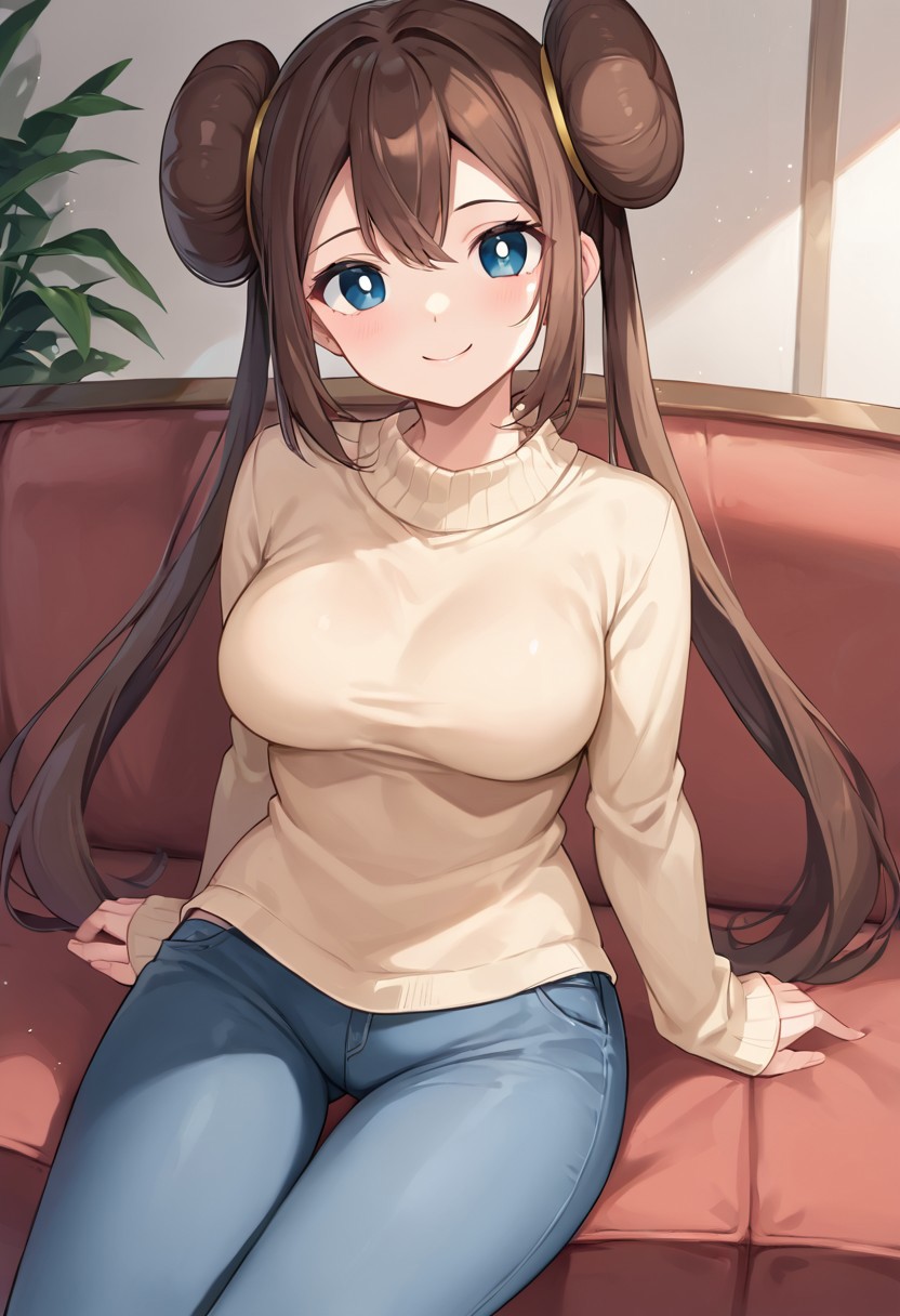 score_9, score_8_up, score_7_up, solo, 1girl, Rosa_(Pokemon), blue_eyes, white_pupils, brown_hair, long_hair, double_bun, twintails, medium_breasts, black_sweater, pants, sitting, smile, head_tilt, looking_at_viewer, sofa, indoors,