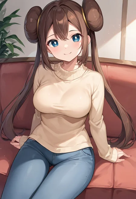 score_9, score_8_up, score_7_up, solo, 1girl, Rosa_(Pokemon), blue_eyes, white_pupils, brown_hair, long_hair, double_bun, twintails, medium_breasts, black_sweater, pants, sitting, smile, head_tilt, looking_at_viewer, sofa, indoors,