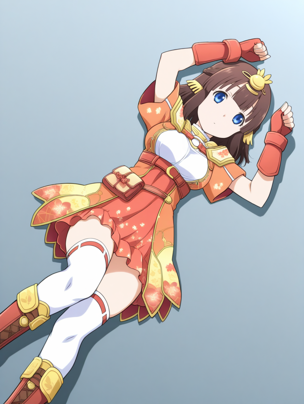 perfect quality,best quality,absolutely eye-catching,ambient occlusion,raytracing BREAK
1girl,<lora:miki hinamaturi IL v1.1:0.8>,hinamaturi,brown hair,medium hair,hair ornament,blue eyes,dress,short dress,fingerless gloves,thighhighs,boots,solo,, dutch angle,upper_body,on_back,cat_pose,shou,knees_together_feet_apart,