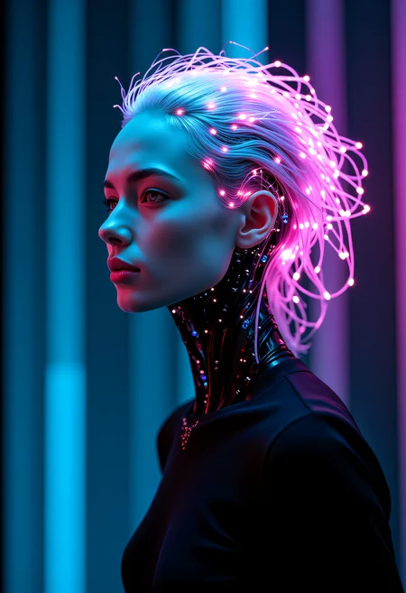 A sleek, a humanoid biopunk robot head with a glowing multicolored neon circuitry grid visible beneath its translucent, pale skin, stands serenely within a minimalist, high-tech space. Its delicate facial features, high cheekbones, and subtle, enigmatic smile are set amidst a wild tangle of fiber-optic 'hair' strands that shimmer and glow in harmony with the circuitry. A soft, ethereal glow from the background's blurred, gradient blend of dark blues and purples casts an otherworldly light, causing the neon colors to shimmer with increased vibrancy and imbuing the scene with a sense of enchanting futurism, as if this robot is a masterpiece of modern technology. <lora:artist/style of H. R. Giger FLUX 295-000006.safetensors:1.0>, style of H. R. Giger, <lora:flux/Realism 2>, realism, realistic, <lora:fantasy_portrait_by_cosmic>, <lora:flux_trainer/bioPunk_v1>