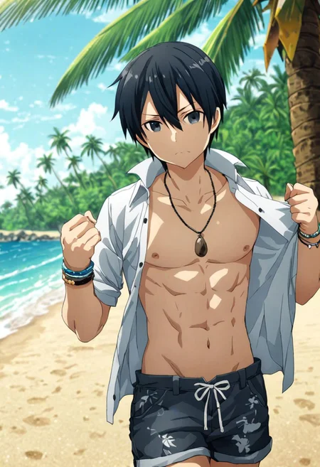 high resolution, solo, best quality, 1Boy, Kazuto Kirigaya, Black Hair, Black Eyes, shallow depth of field, beach, open shirt, shorts, sixpack, necklace, bracelet, coconut tree, OverallDetail