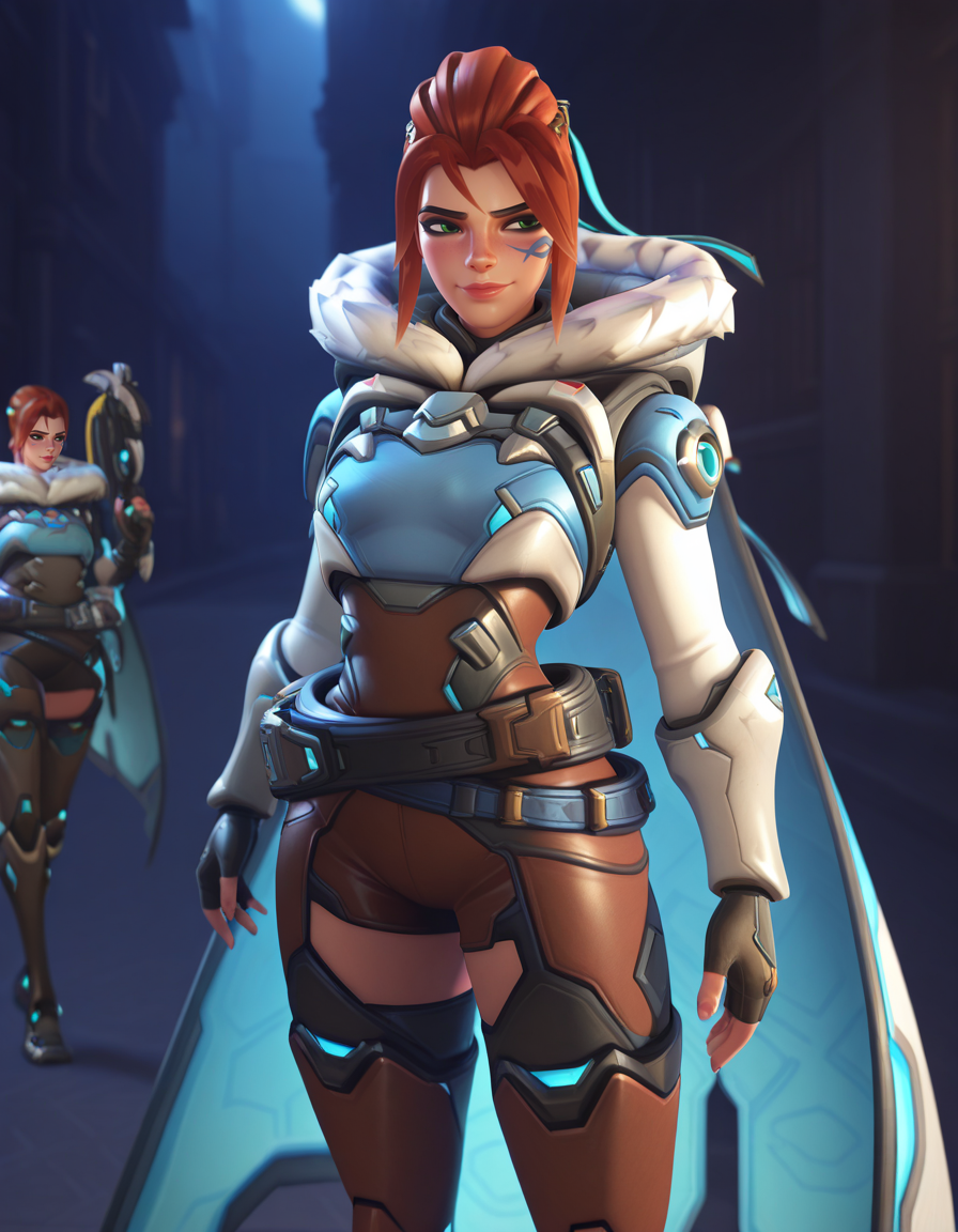 Masterpiece, high-res, 2k, best quality, 3d, solo focus, frejaow, freja (overwatch), fur trim, cape,  <lora:Freja_Ow_Illus-000043:1> On her side arms outstretched behind her