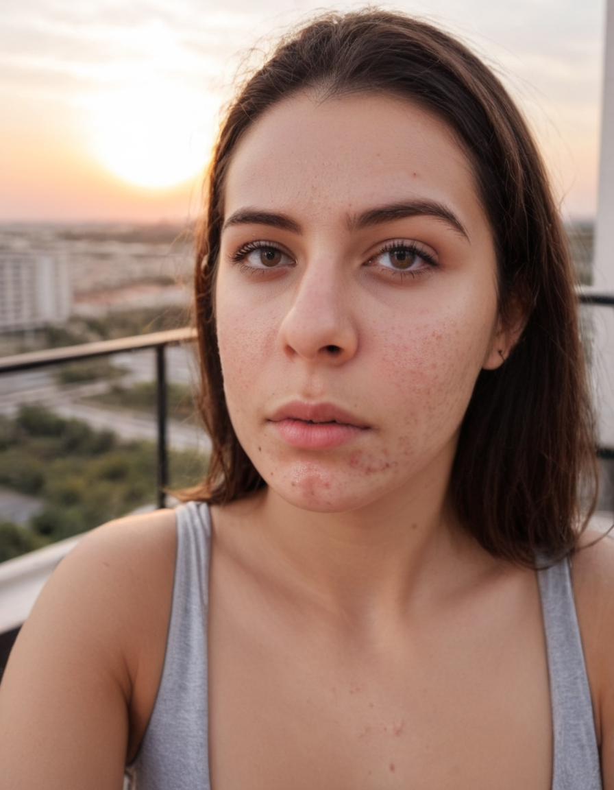 selfie photo of a woman with acne on a hotel balcony during sunset, <lora:275FAB00CB:0.6> Detailed natural skin and blemishes without-make-up and acne, black hair, silver eyes, HD, Sharp focus, Canon 85L