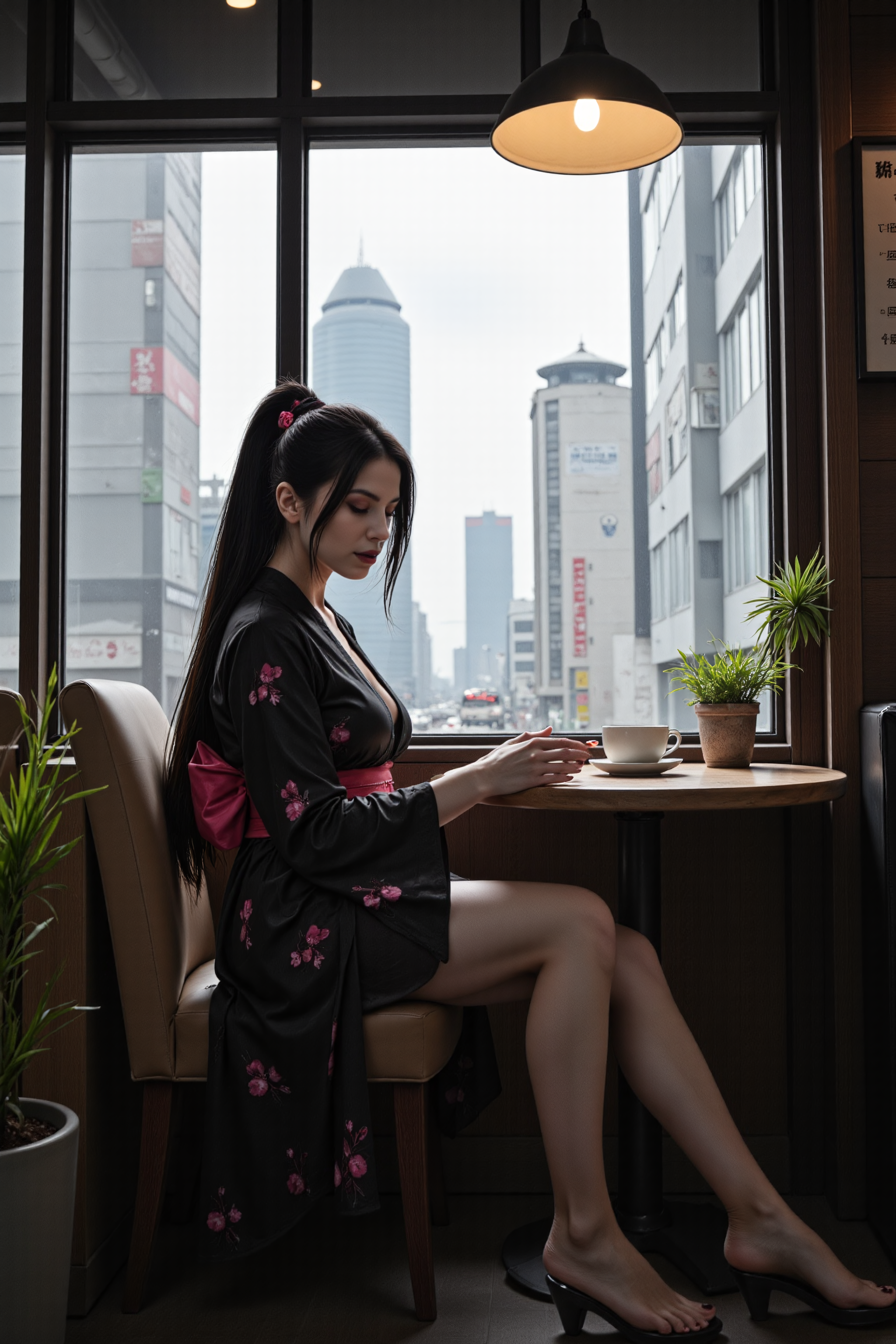 **Morana**, as I see myself transported into an unexpected, jarring setting: a bustling Tokyo coffee shop. The aroma of freshly brewed coffee envelops me, a sensory experience antithetical to my vampiric world.
[Cinematic Still:]
I sit at a small table, clad in a vibrant kimono, sipping a steaming cup of green tea. My red, glowing eyes appear almost out of place amidst the modern, neon-lit surroundings. My raven-black hair, usually restrained in a high ponytail, now falls freely down my back, adorned with a delicate hairpiece shaped like cherry blossoms. The gothic corset and thigh-high boots have been replaced with a colorful, traditional Japanese obi and soft, pastel-hued sandals.
My pale skin glows softly in the morning light, and I gaze pensively out the window at the towering skyscrapers. My full, crimson-painted lips curl into a subtle, almost tender smile as I sip my tea, momentarily abandoning my usual cold, calculating demeanor. In this fleeting moment, I am not the ruthless, bloodthirsty vampire I've become; I am simply Morana, a woman basking in the simple joys of a gentle Tokyo morning. (smile lingers) For an instant, I am human. (flickers) Only an instant. (glowing eyes hint at the monster within, hidden beneath the surface)., , <lora:flux\Morana.safetensors:1.0>