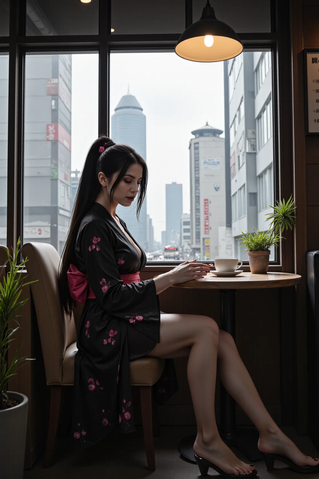 **Morana**, as I see myself transported into an unexpected, jarring setting: a bustling Tokyo coffee shop. The aroma of freshly brewed coffee envelops me, a sensory experience antithetical to my vampiric world.
[Cinematic Still:]
I sit at a small table, clad in a vibrant kimono, sipping a steaming cup of green tea. My red, glowing eyes appear almost out of place amidst the modern, neon-lit surroundings. My raven-black hair, usually restrained in a high ponytail, now falls freely down my back, adorned with a delicate hairpiece shaped like cherry blossoms. The gothic corset and thigh-high boots have been replaced with a colorful, traditional Japanese obi and soft, pastel-hued sandals.
My pale skin glows softly in the morning light, and I gaze pensively out the window at the towering skyscrapers. My full, crimson-painted lips curl into a subtle, almost tender smile as I sip my tea, momentarily abandoning my usual cold, calculating demeanor. In this fleeting moment, I am not the ruthless, bloodthirsty vampire I've become; I am simply Morana, a woman basking in the simple joys of a gentle Tokyo morning. (smile lingers) For an instant, I am human. (flickers) Only an instant. (glowing eyes hint at the monster within, hidden beneath the surface)., , <lora:flux\Morana.safetensors:1.0>