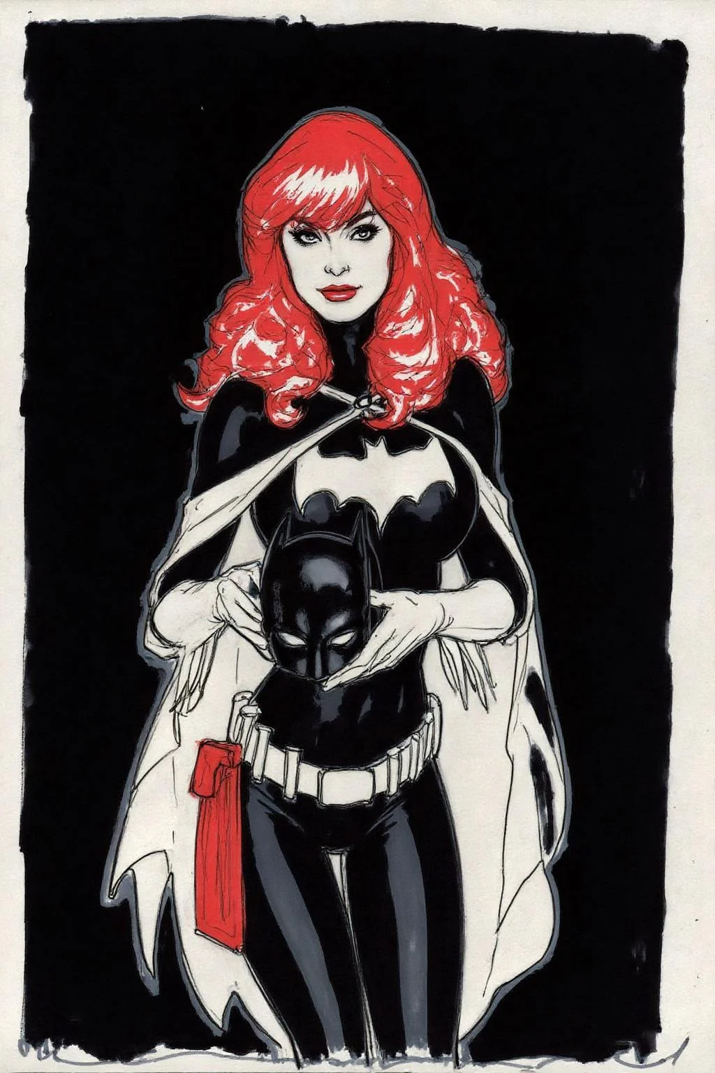 adhughes1 illustration in a comic book style
A drawing in a comic book style, featuring a striking, stylized depiction of Batgirl. She has long, curly red hair styled in a classic bob with bangs, which is vibrant and stands out against the darker background. She is holding her mask with both hands. <lora:adhughes1_cap_d8a4e12:1.0><lora:832433682372533626:0>