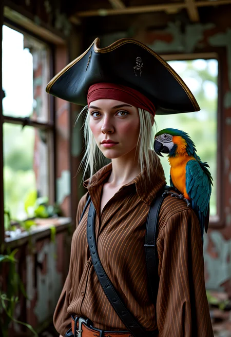 , (notoriousfisherman's hat pirate) wiry, young bald , light brown eyes, wearing a pirate wearing a headscarf, brown pirate shirt with wide stripes, leather boots, knee-high leather boots, shoulder parrot,, set in an abandoned lighthouse with a overgrown garden, a broken fence, and a sense of neglect , <lora:flux/skin texture style v5.safetensors:1.0>, skin texture style, realism, detailed, <lora:Sinfully_Stylish_1.0_Flux.safetensors:1.0>, sinfully stylish, dramatic light,