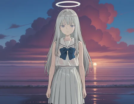 1girl blue_bow blue_bowtie bow bowtie cloud colored_eyelashes evening grey_eyes hair_ornament halo long_hair outdoors pleated_skirt sailor_collar sailor_shirt school_uniform serafuku shirt skirt sleeveless sleeveless_shirt solo water wet white_eyelashes white_hair white_halo white_sailor_collar white_serafuku white_shirt white_skirt
, <lora:GhibliV3:1>, best quality, absurdres, flat colors