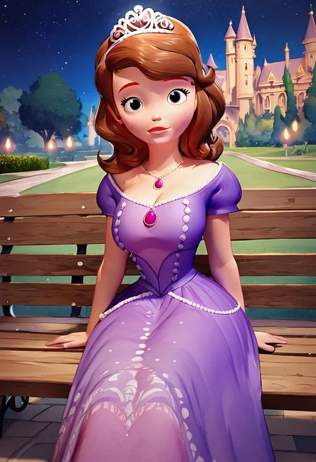 score_up_8, score_up_9, 1girl, violet dress, sofia_the_first, tiara necklace, brown hair, medium breasts,, background near castle, poring rain, night sky, at park, sitting on bench, looking at viewer, huge cleavage
