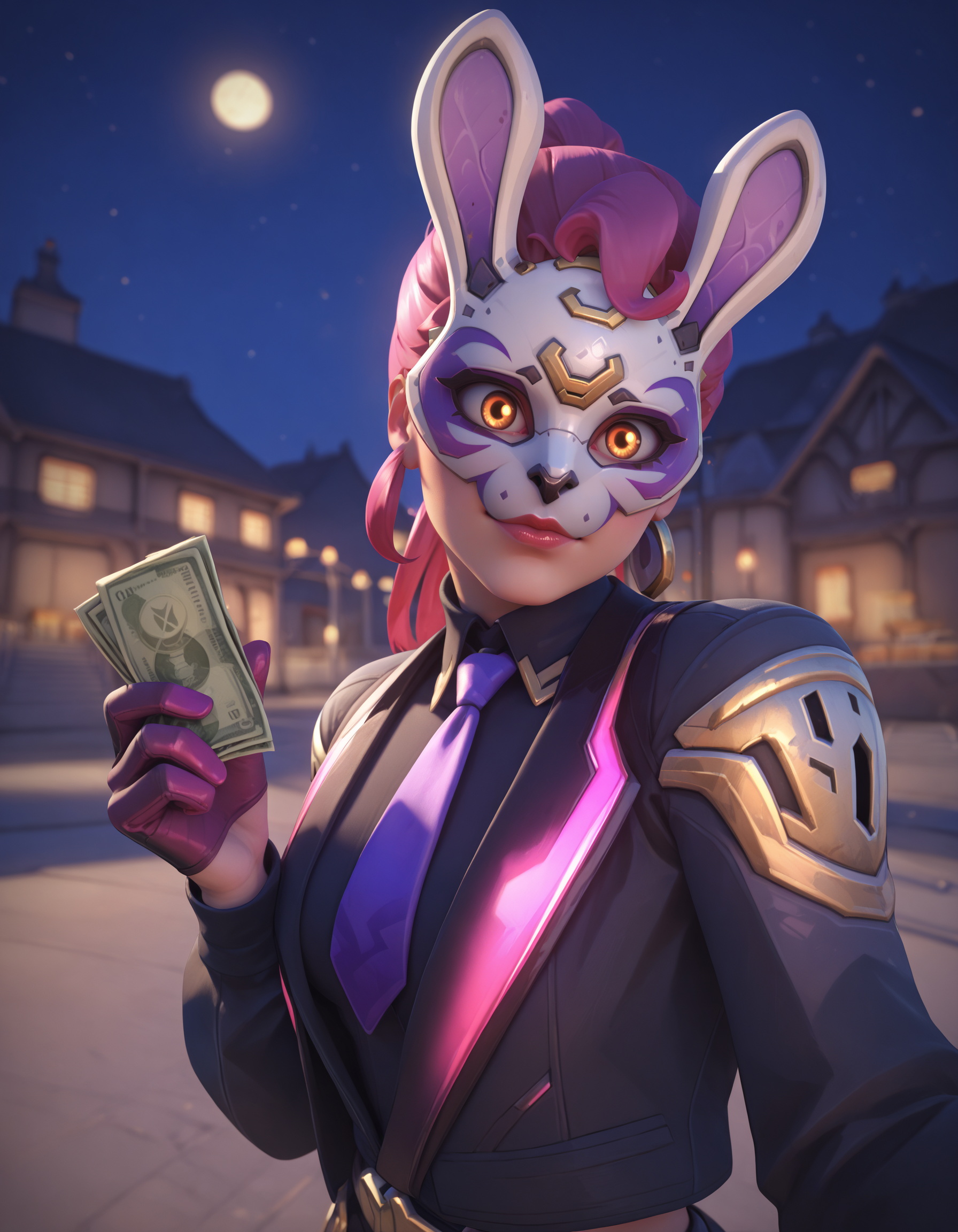 score_9, score_8_up, score_7_up, 1girl,  close up, d.va heist, d.va (overwatch) <lora:D.Va Heist-000020:1> at night, in front of a bank, holding bags of money