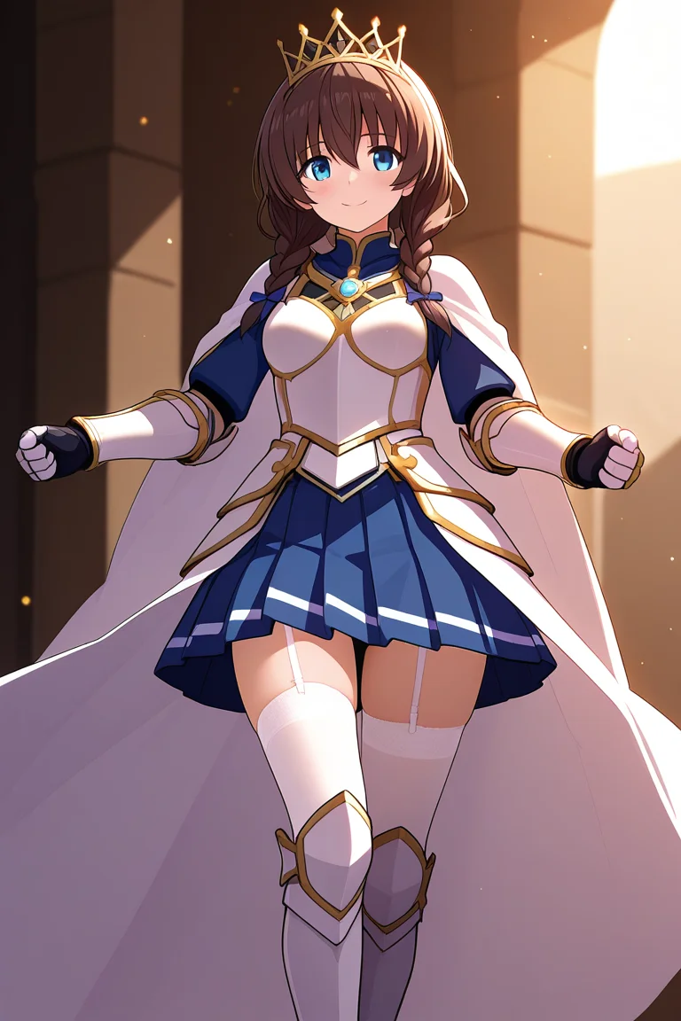 1girl, front view, standing pose, gentle smile, looking at viewer, glowing background, light particles, fantasy lighting, radiant aura, heroic presence, soft shadows, shining eyes, positive energy,<lora:HolyKnight_Ricca_Illustrious:1.0>,holy_ricca,braid,twin braid,long hair,breasts,blue eyes, brown hairknight_ricca,,white_cape,blue_dress,gloves,skirt,armor,crown,white,breastplate,gauntlets,greaves,armored boots,armored dress,blue skirt,pleated skirt,garter belt,garter straps,,white thighhighs,boots,, masterpiece, best quality, amazing quality, newest