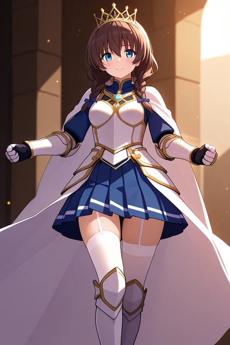 1girl, front view, standing pose, gentle smile, looking at viewer, glowing background, light particles, fantasy lighting, radiant aura, heroic presence, soft shadows, shining eyes, positive energy,<lora:HolyKnight_Ricca_Illustrious:1.0>,holy_ricca,braid,twin braid,long hair,breasts,blue eyes, brown hairknight_ricca,,white_cape,blue_dress,gloves,skirt,armor,crown,white,breastplate,gauntlets,greaves,armored boots,armored dress,blue skirt,pleated skirt,garter belt,garter straps,,white thighhighs,boots,, masterpiece, best quality, amazing quality, newest