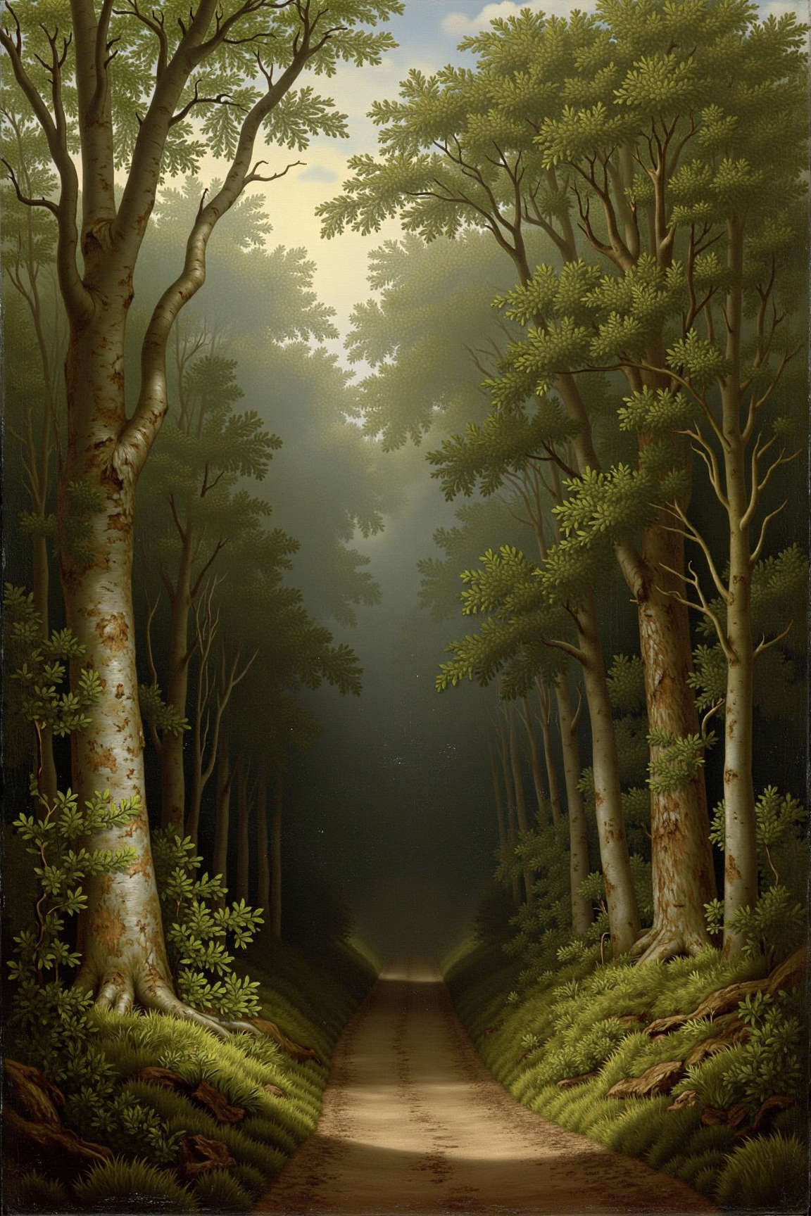 yfg-P@int by a dutch master painter, Landscape photo of a mystical, ancient forest in soft natural light, captured with a Baroque painter style and a thick, expressive brush. Set the stroke to heavy for maximum depth effect. The composition should focus on centered, with the camera positioned directly above the focal point. Set the color balance to warm tones.