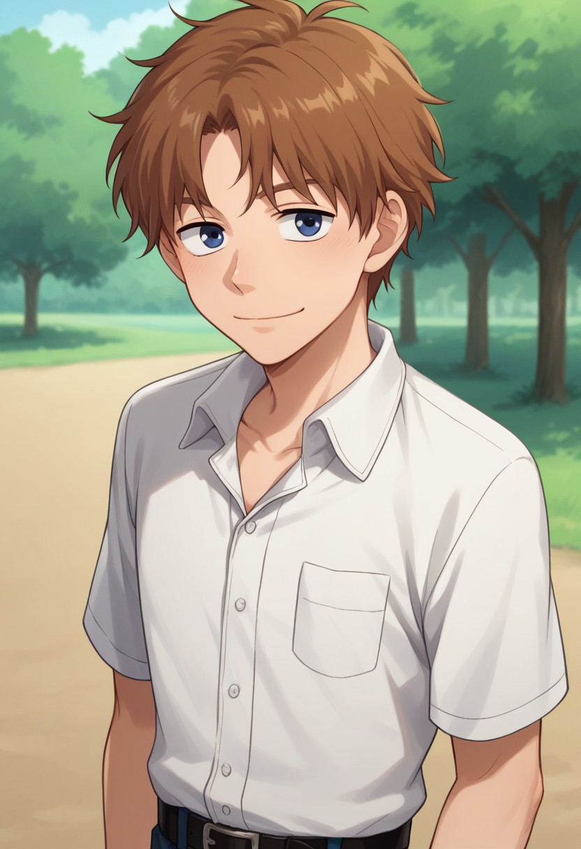 score_9, score_8_up, score_7_up, source_anime, highly detailed, 
fumiki, male focus, 1boy, brown hair, smile, solo,  blue eyes, looking at viewer, shirt, collared shirt, belt, outdoor, tree,